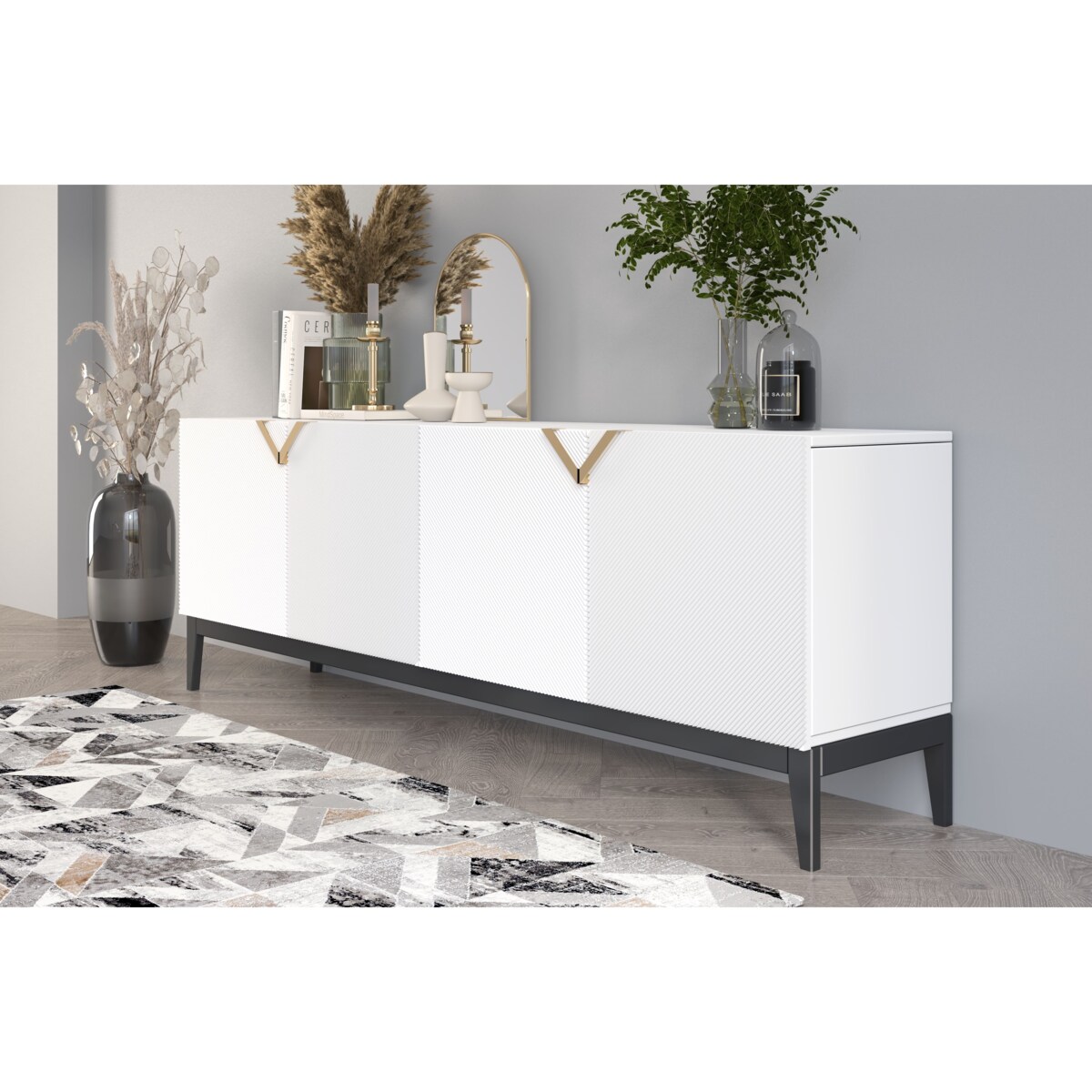 Drewniana komoda Visby DEMI LONG / kolor biały + czarne nogi