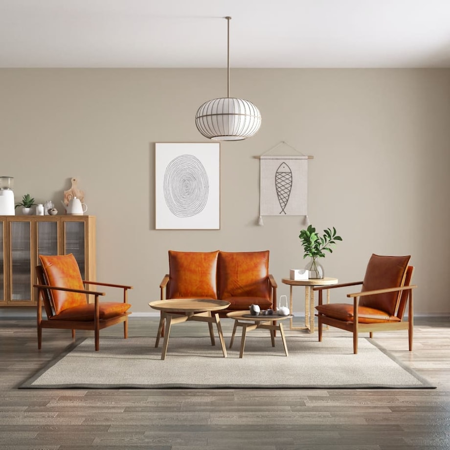 vidaXL Zestaw 3 sof, brązowy, naturalna skóra i lite drewno akacjowe