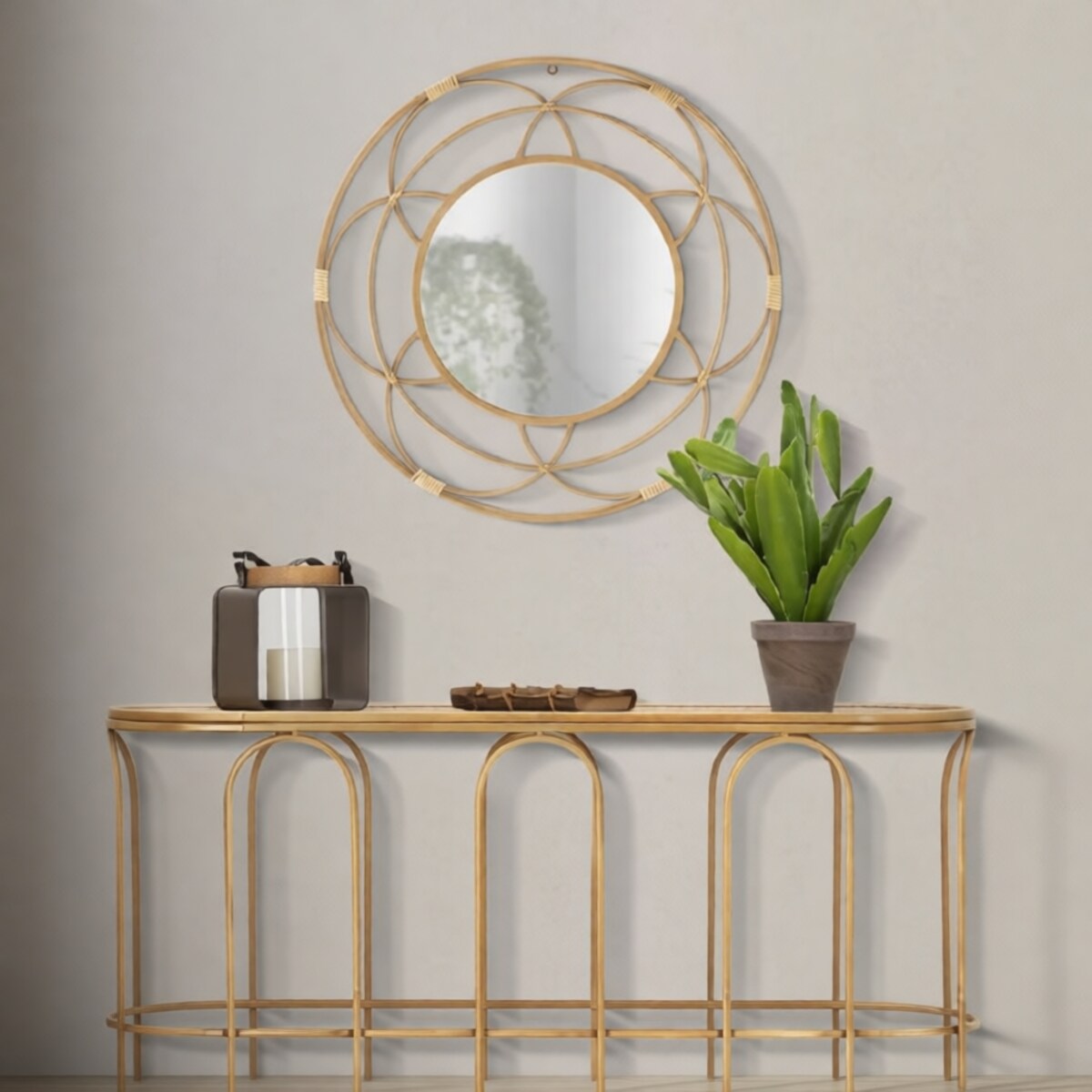 Lustro ścienne Mirro Valencia, kolor brązowy, rattan i żelazo, 60 x 3 x 60 cm, do salonu i przedpokoju, Mauro Ferretti