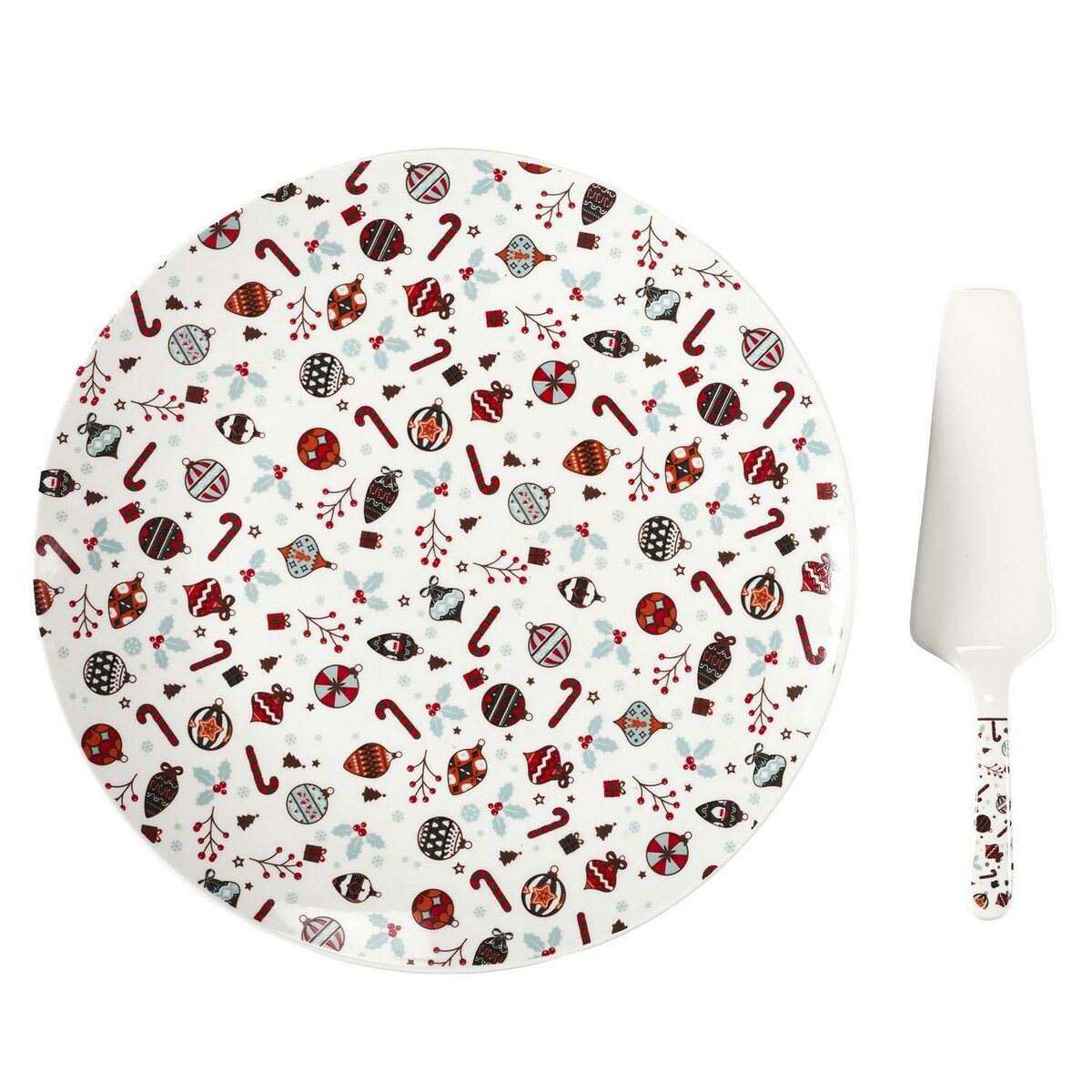 TALERZ NA CIASTO Z ŁOPATKĄ świąteczny 30 cm biały