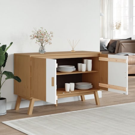vidaXL Komoda OLDEN, biało-brązowa, 114x43x73,5cm, lite drewno sosnowe
