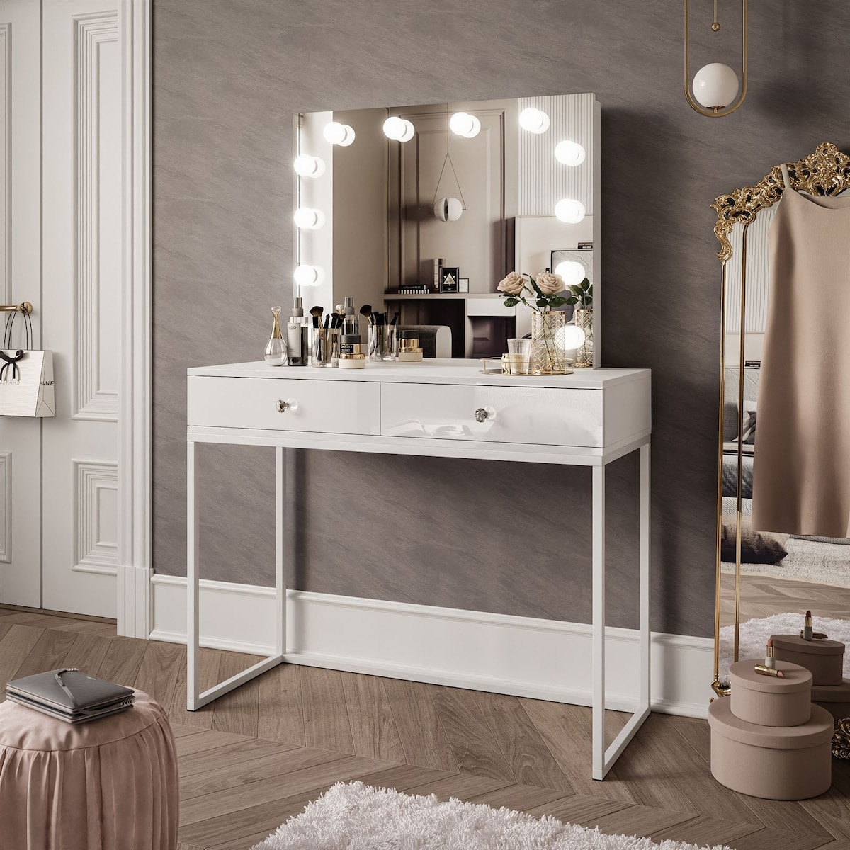 Toaletka BLANCO LOFT ELITE 100 cm z lustrem i oświetleniem LED, biały wysoki połysk