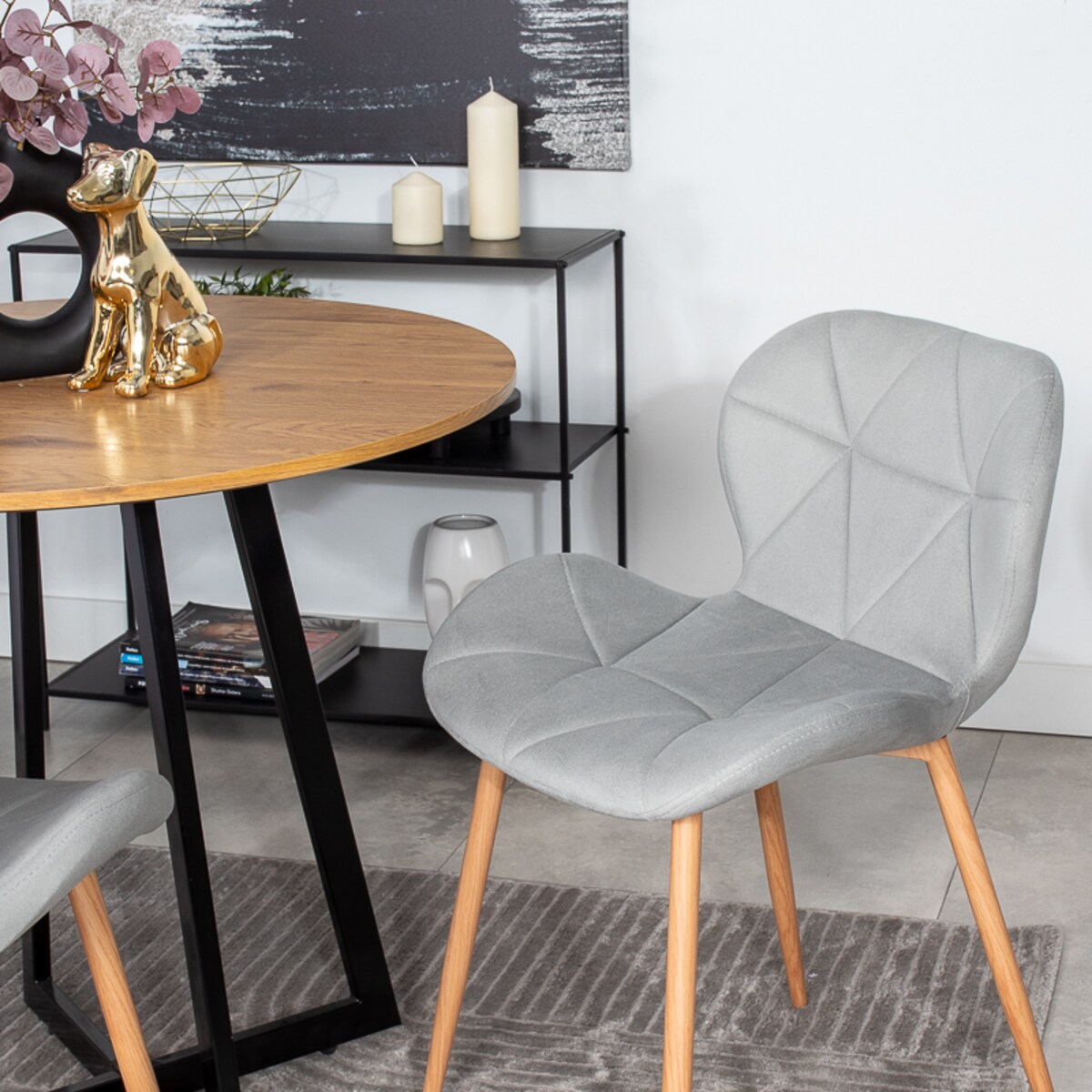 Krzesło tapicerowane welurowe szare jasne nogi do salonu jadalni
