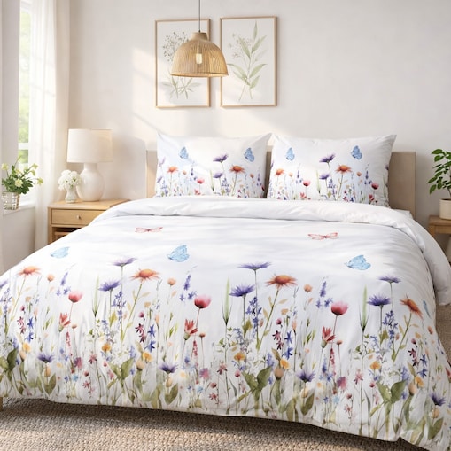 Pościel flanelowa 180x200 Florina Snow biała z kolorowymi kwiatami, Flanelove