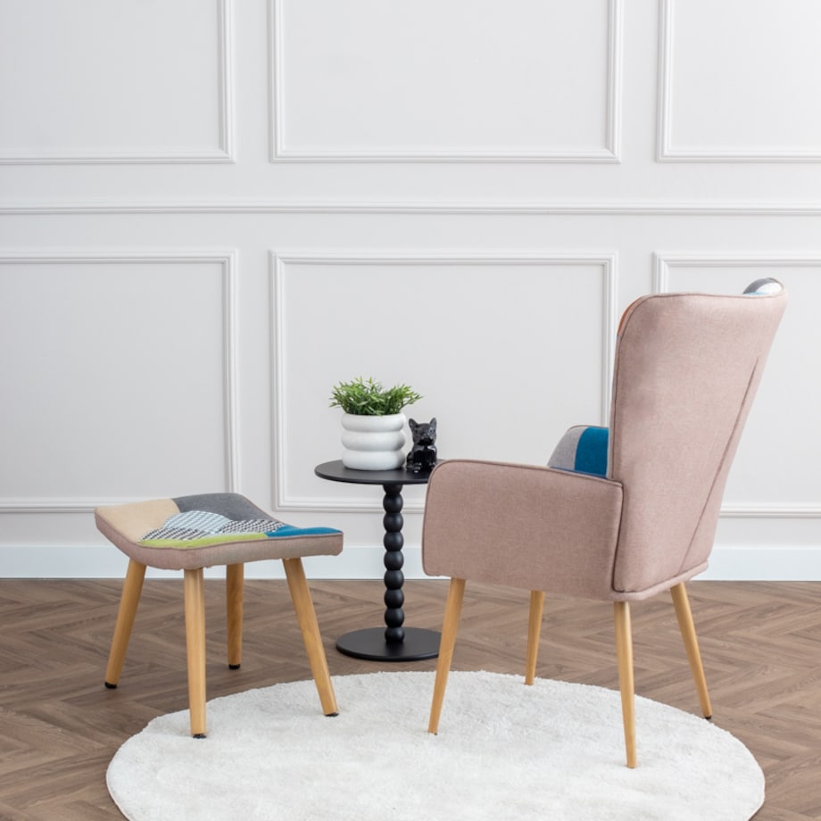 Fotel z podnóżkiem tapicerowanym wypoczynkowy patchwork do salonu wygodny