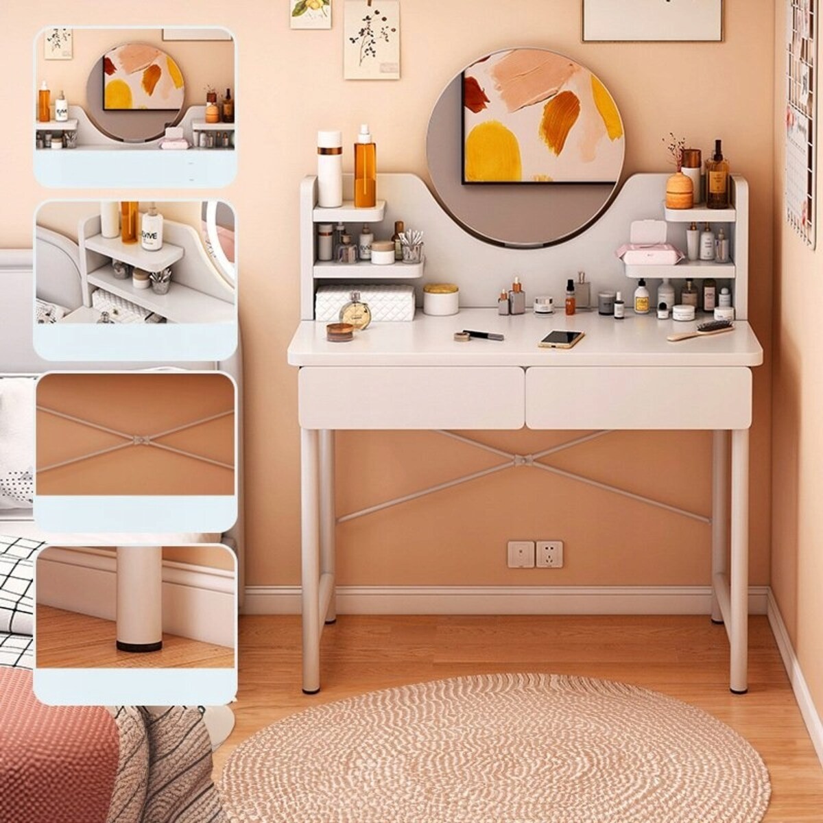 Toaletka kosmetyczna biała sypialniana z lustrem szufladami nowoczesny