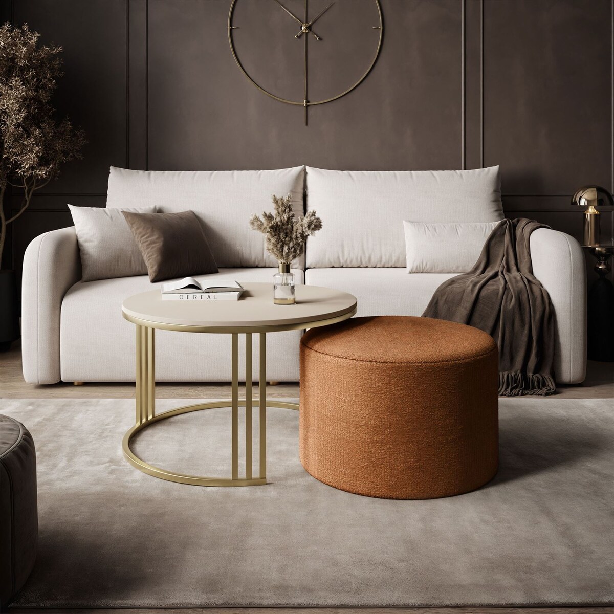 Stolik kawowy z pufą LORI MAT złoto szczotkowane, kaszmir mat / Perfect Harmony 52