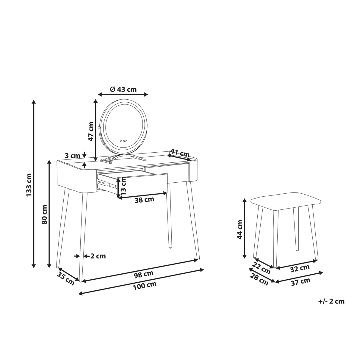 Toaletka 2 szuflady lustro LED ze stołkiem szaro-złota SURIN