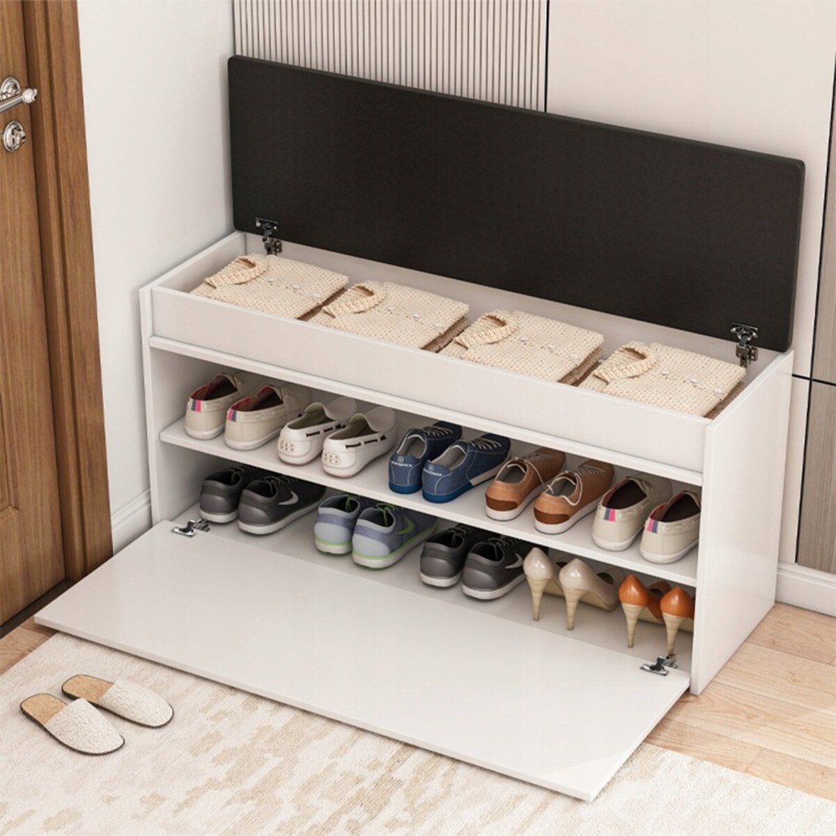 Szafka na buty biała z siedziskiem schowkiem duża 2 półki otwierana 100 cm