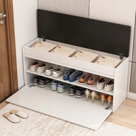 Szafka na buty biała z siedziskiem schowkiem duża 2 półki otwierana 100 cm