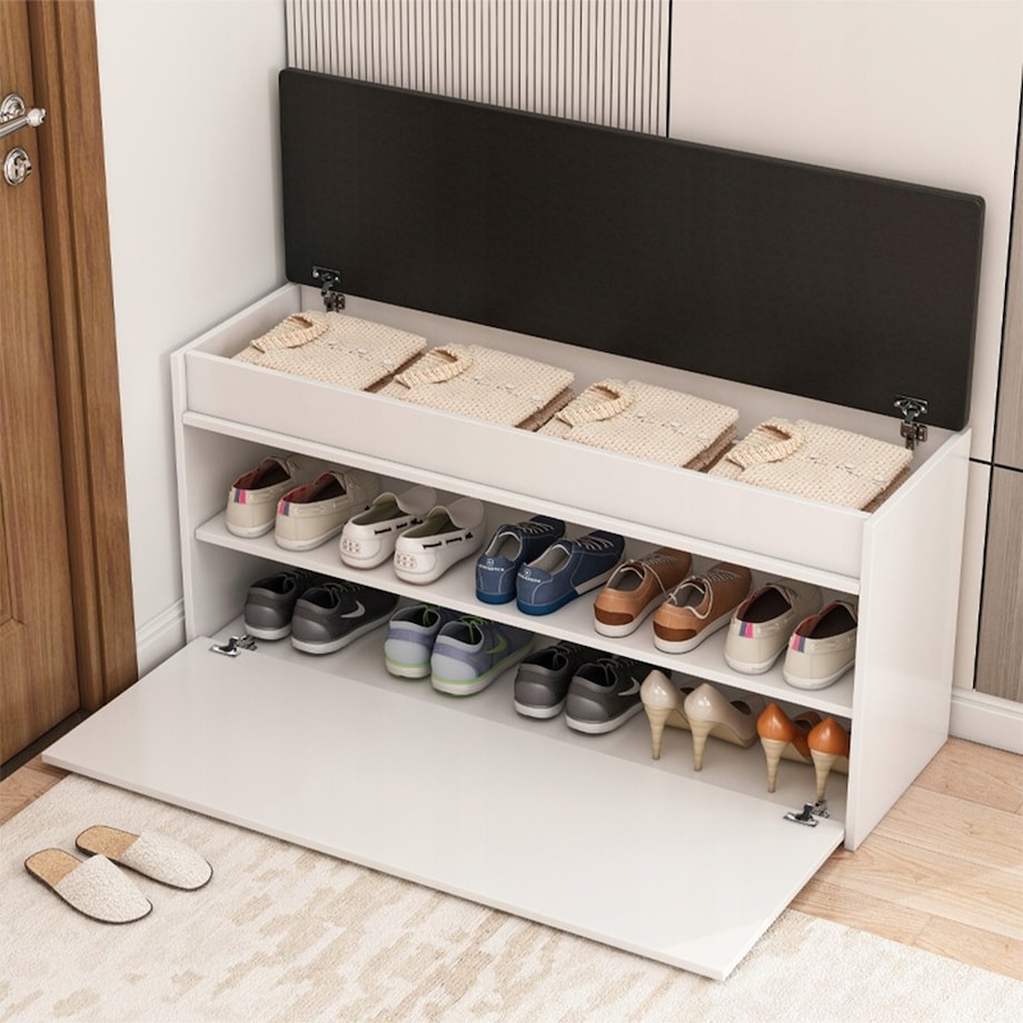 Szafka na buty biała z siedziskiem schowkiem duża 2 półki otwierana 100 cm