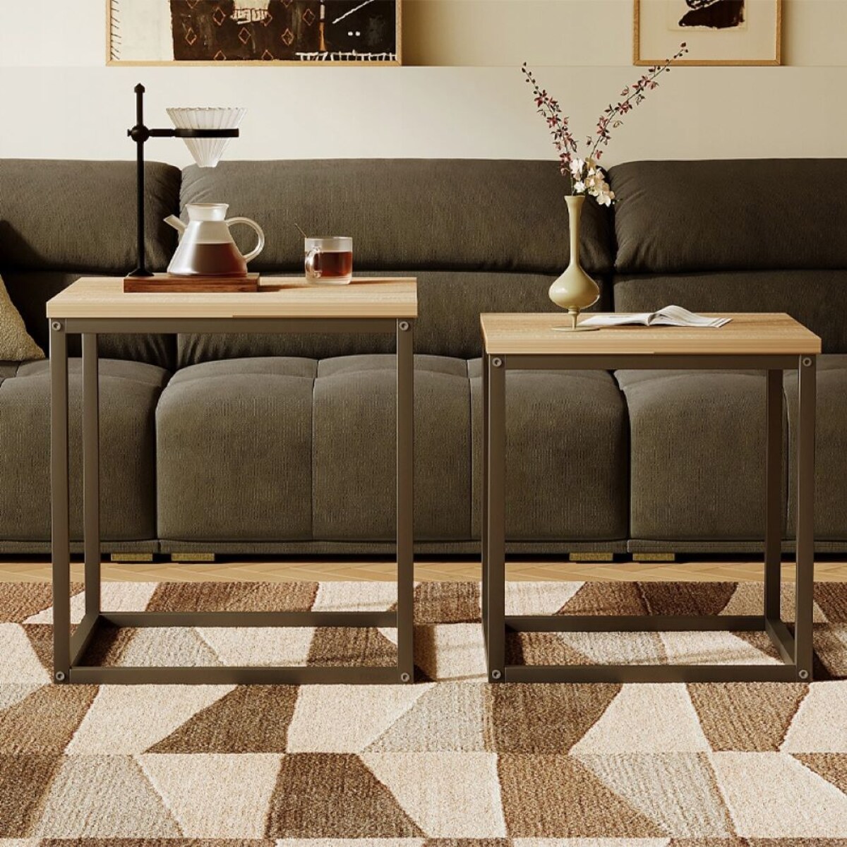 Stolik kawowy ława stół zestaw stolików 2w1 loft industrial jasny brąz 50cm