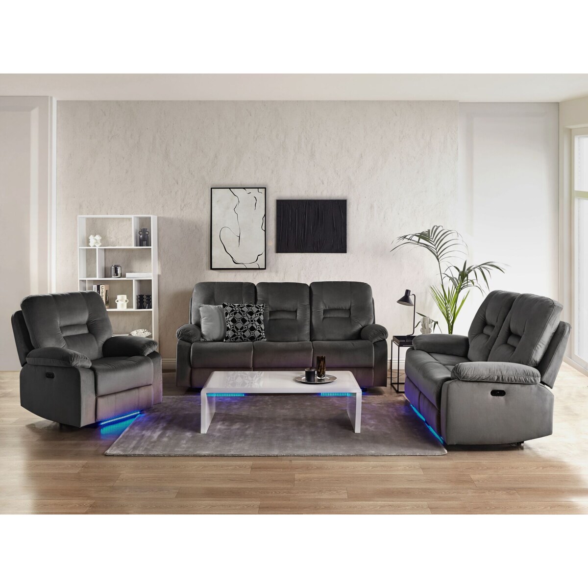 Komplet wypoczynkowy z elektryczną funkcją relaksu dla 6 osób BERGEN Welur Ciemnoszary Z portem USB