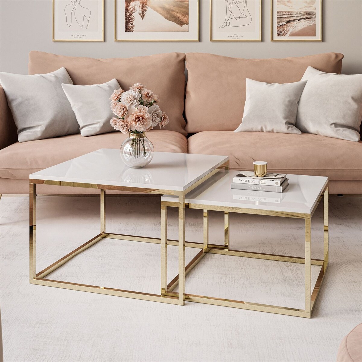 Stolik kawowy YOSHI 2w1 złoty chrom biały połysk