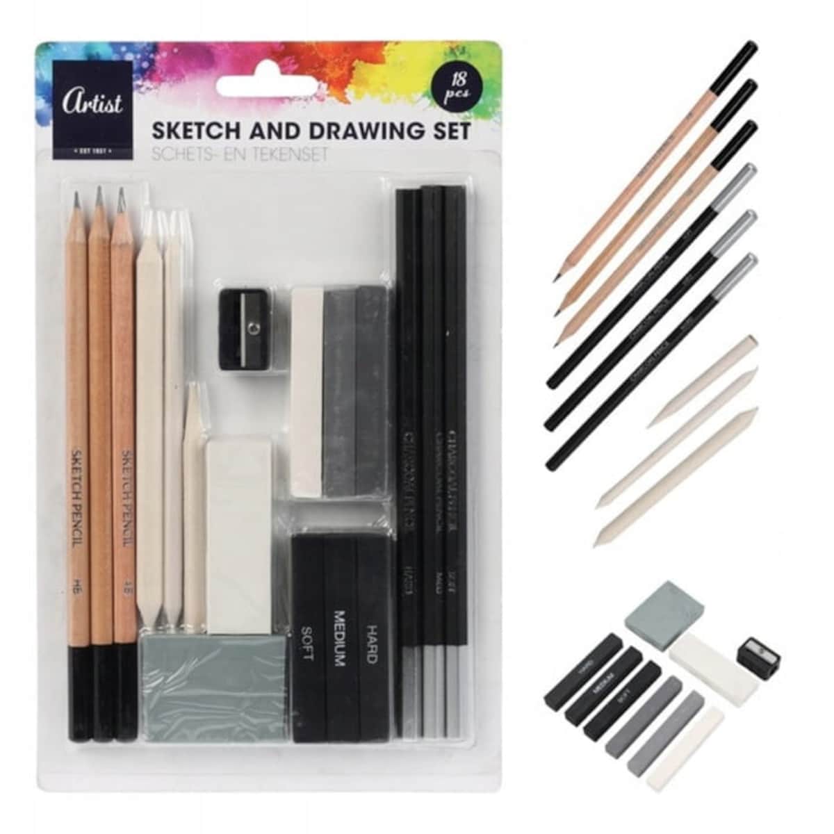 ZESTAW OŁÓWKÓW DO SZKICOWANIA RYSOWANIA PROFESJONALNY 18 el OŁÓWKI WĘGIEL