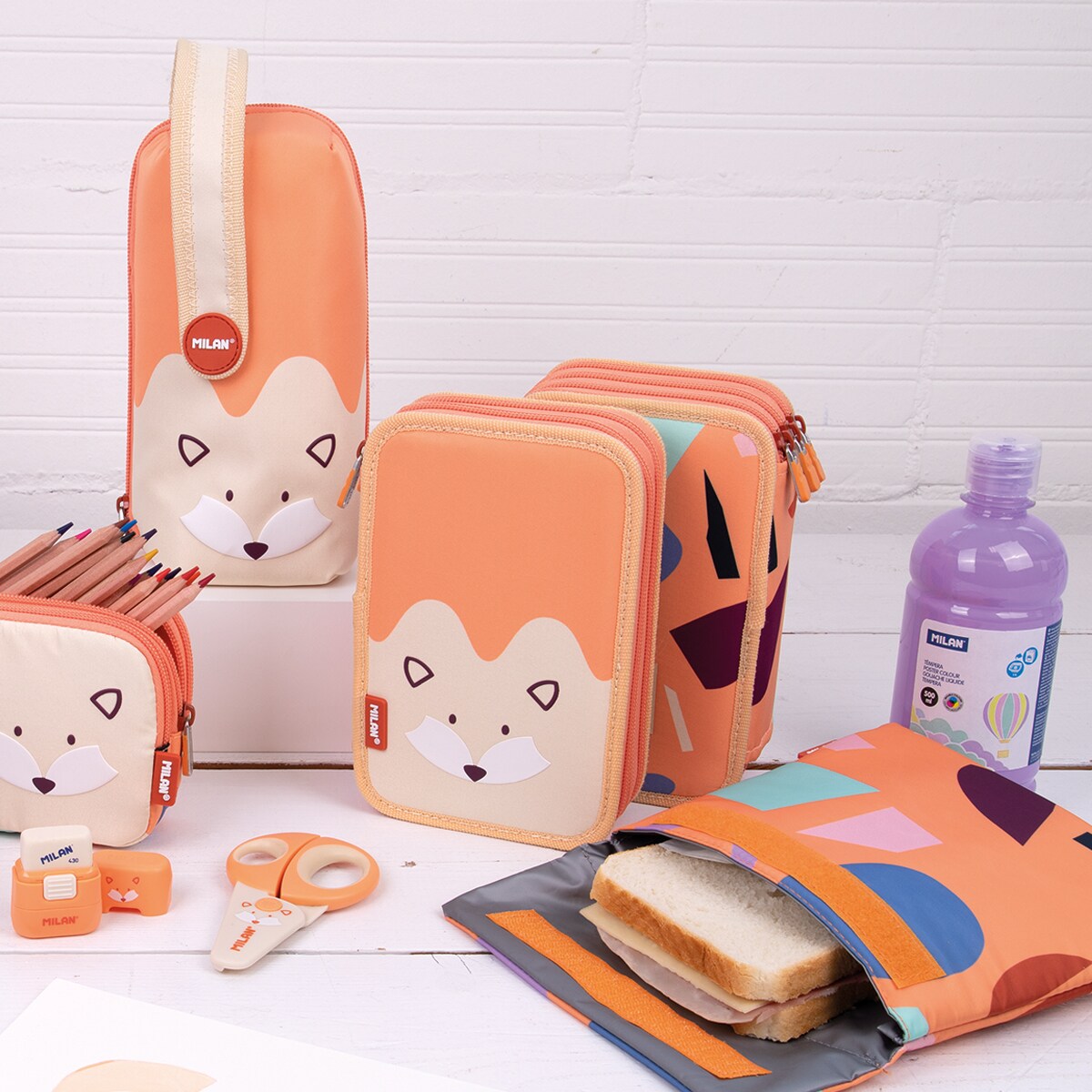 Piórnik 3-poziomowy z wyposażeniem MILAN FUN ANIMALS pomarańczowy