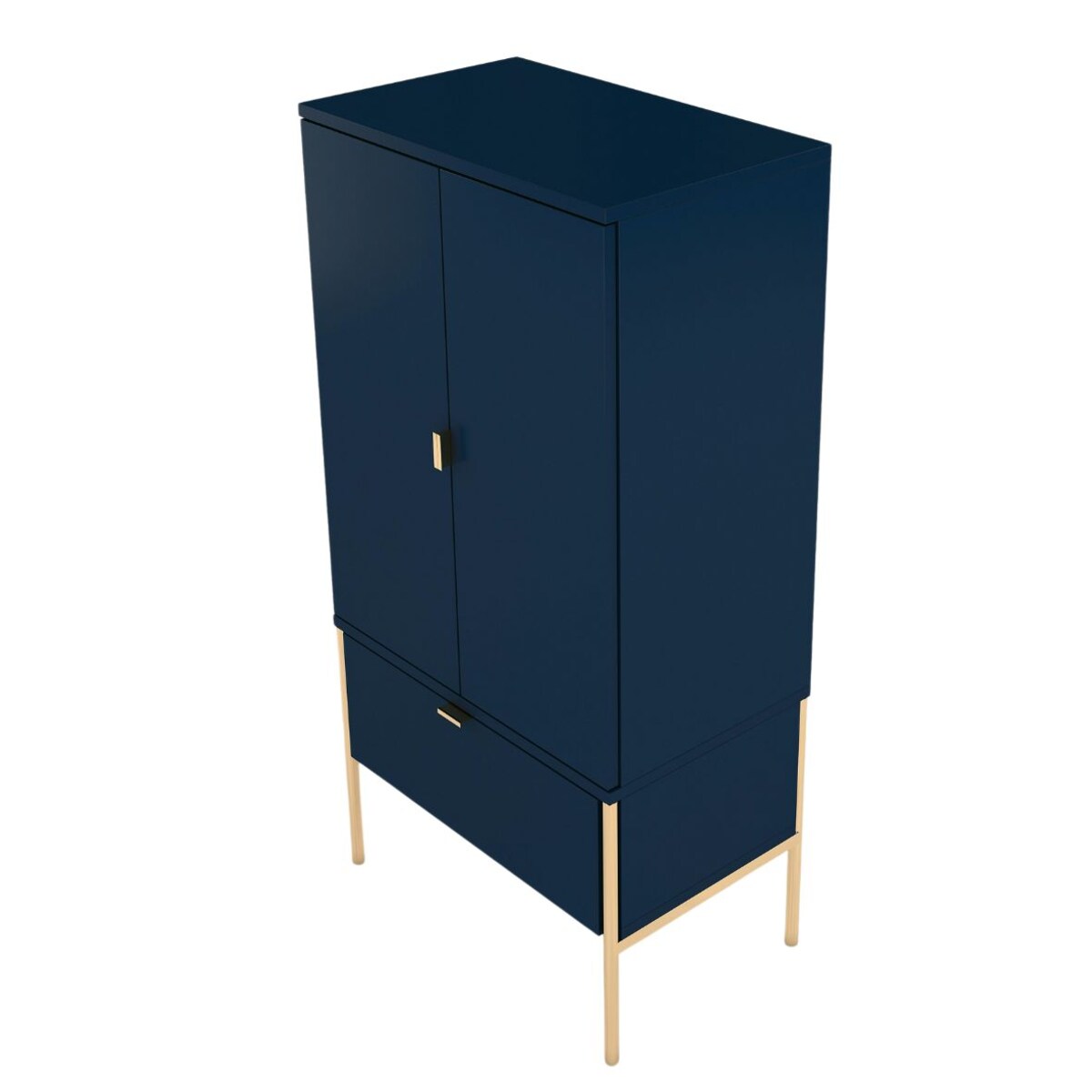 Wysoka elegancka granatowa komoda Skandica POLKA na złotych nóżkach