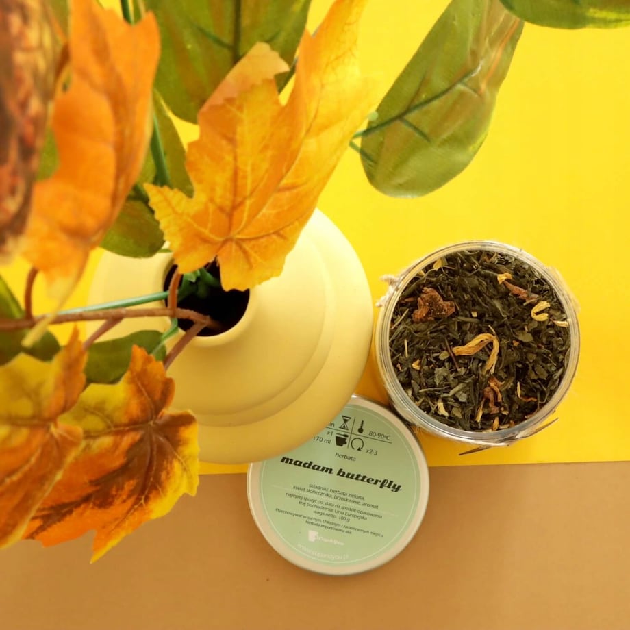 Herbata zielona MADAM BUTTERFLY premium brzoskwinie kwiat słonecznika 100g - herbata liściasta sypana mieszanka napar susz