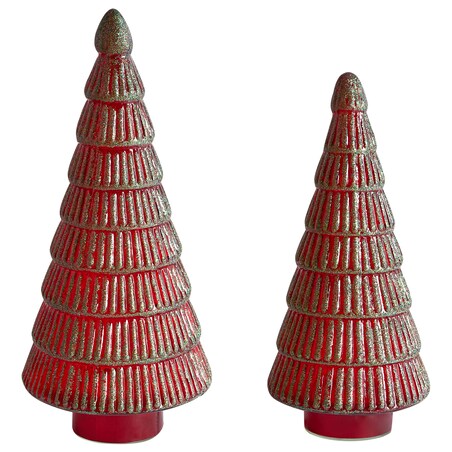 Zestaw 2 figurek dekoracyjnych PURUVESI Choinka 31/36 cm Czerwony/ zielony