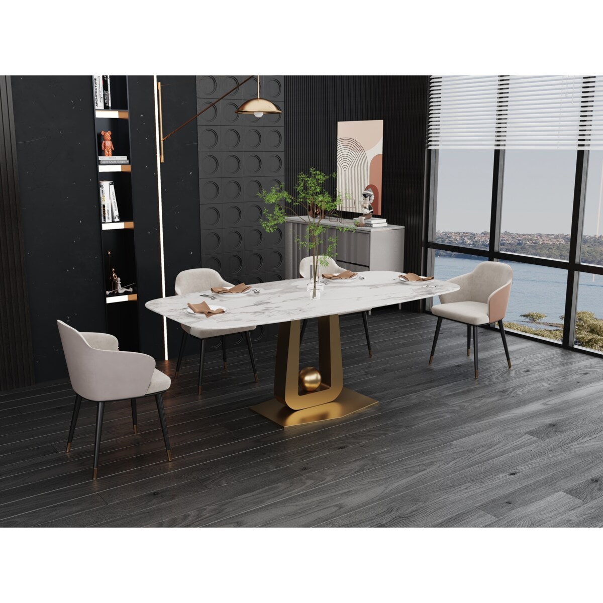 Stół złoty Glamour Nowojorski Milenio z blatem o wzorze marmuru 180x90x75