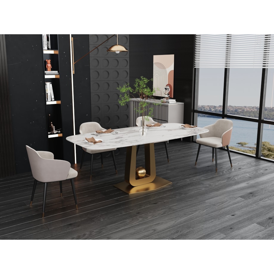 Stół złoty Glamour Nowojorski Milenio z blatem o wzorze marmuru 180x90x75