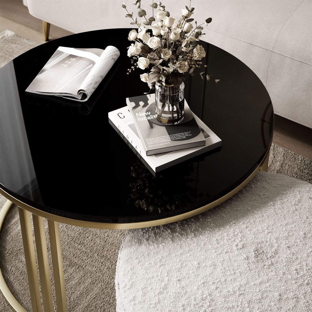 Stolik kawowy z pufą LORI POŁYSK złoto szczotkowane, czarny / Coral 65