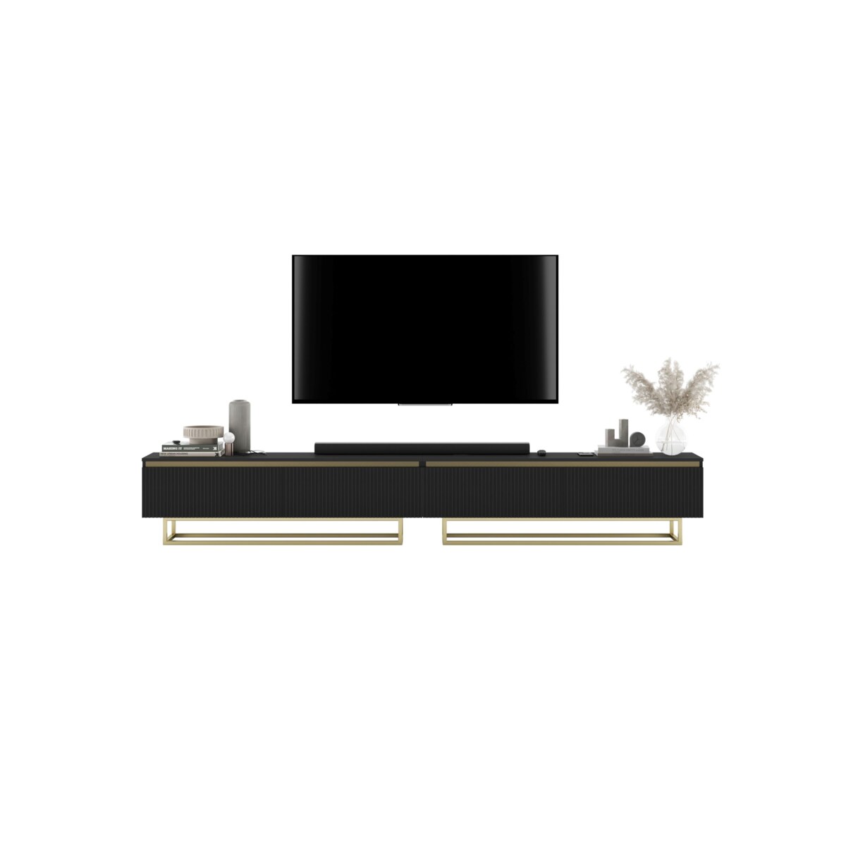 Nowoczesna Szafka RTV Glamour Komoda RTV Czarny Mat 280 cm złote akcenty