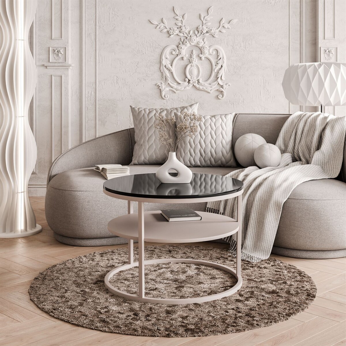 Stolik Kawowy CIRI KASZMIR wysoki połysk z półką, blat czarny połysk