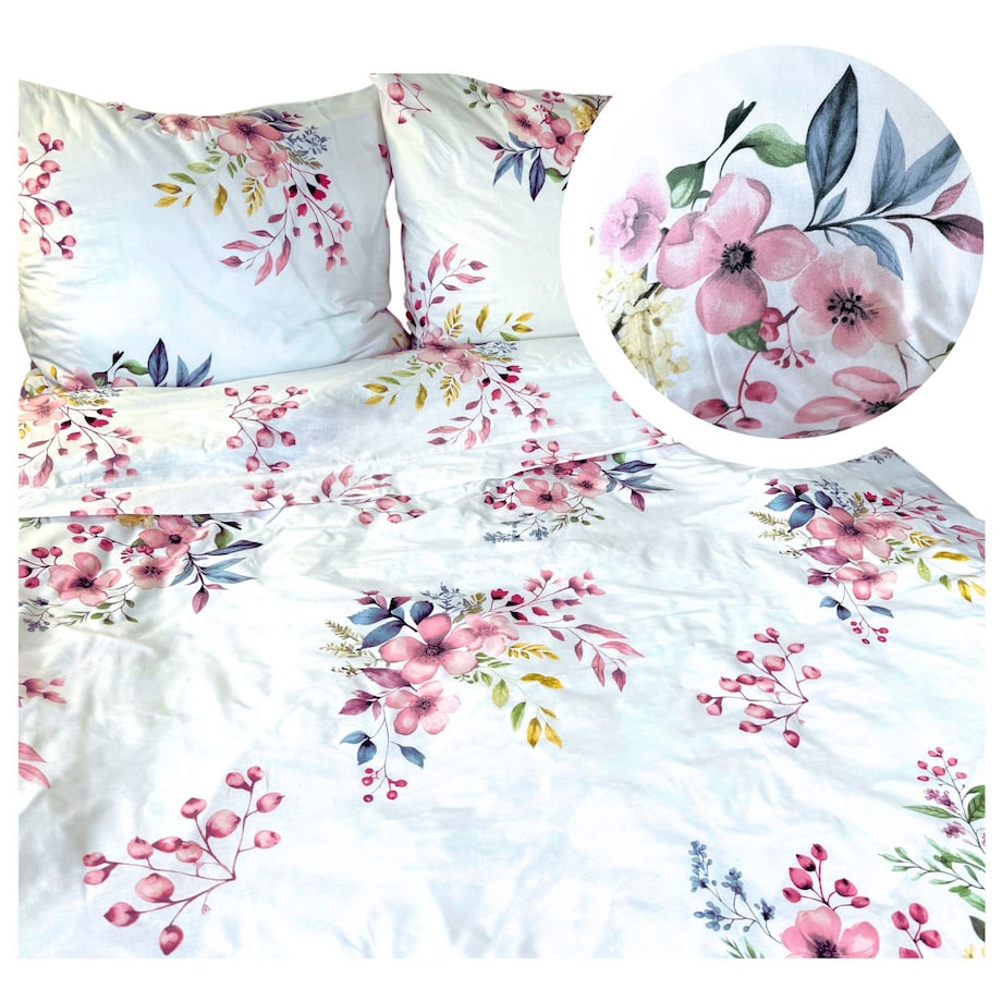 Pościel bawełniana satynowa 200x220 cm POLSKA Kwitnąca Wiśnia biała