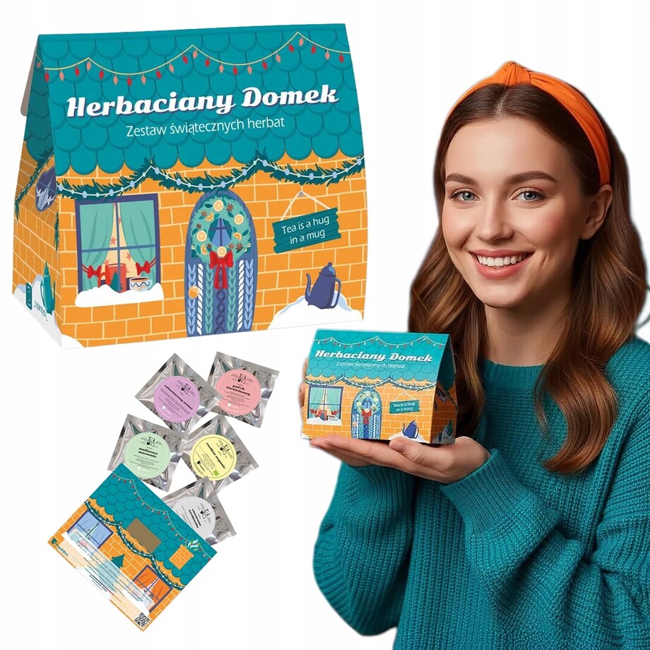 ŚWIĄTECZNY ZESTAW PREZENTOWY "HERBACIANY DOMEK" 5 SMAKÓW HERBAT SYPANYCH - PREZENT UPOMINEK NA MIKOŁAJA ŚWIĘTA GWIAZDKĘ BOŻE NARODZENIE POD CHOINKĘ DLA KOBIETY FACETA