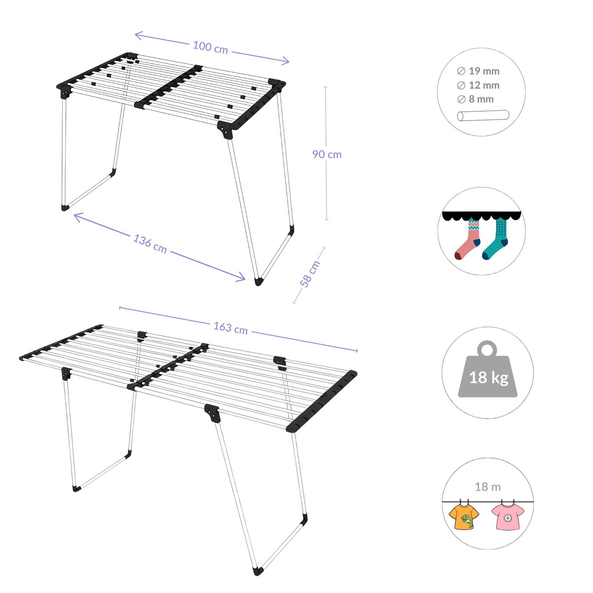 Teleskopowa suszarka na pranie, 100-163 cm, LALEA