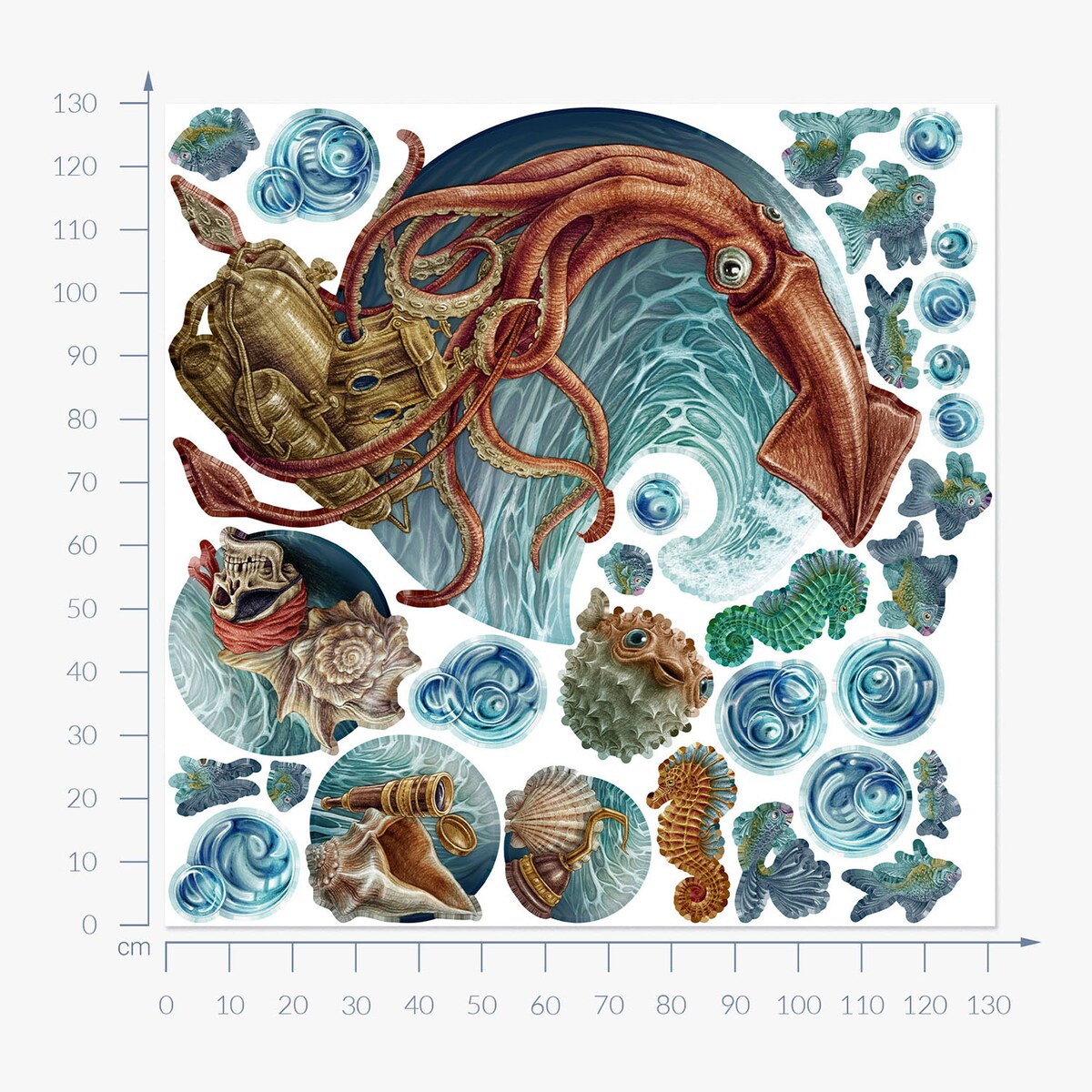 Zestaw naklejek na ścianę, Łódź podwodna, 130cm