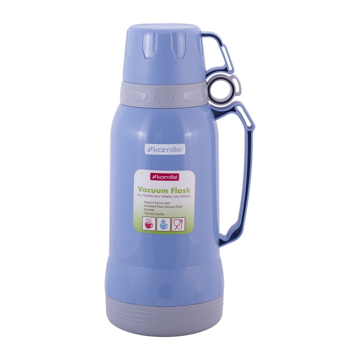 Termos ze szklanym wkładem uchwytem i kubeczkami 1.8L 3 kolory KAMILLE