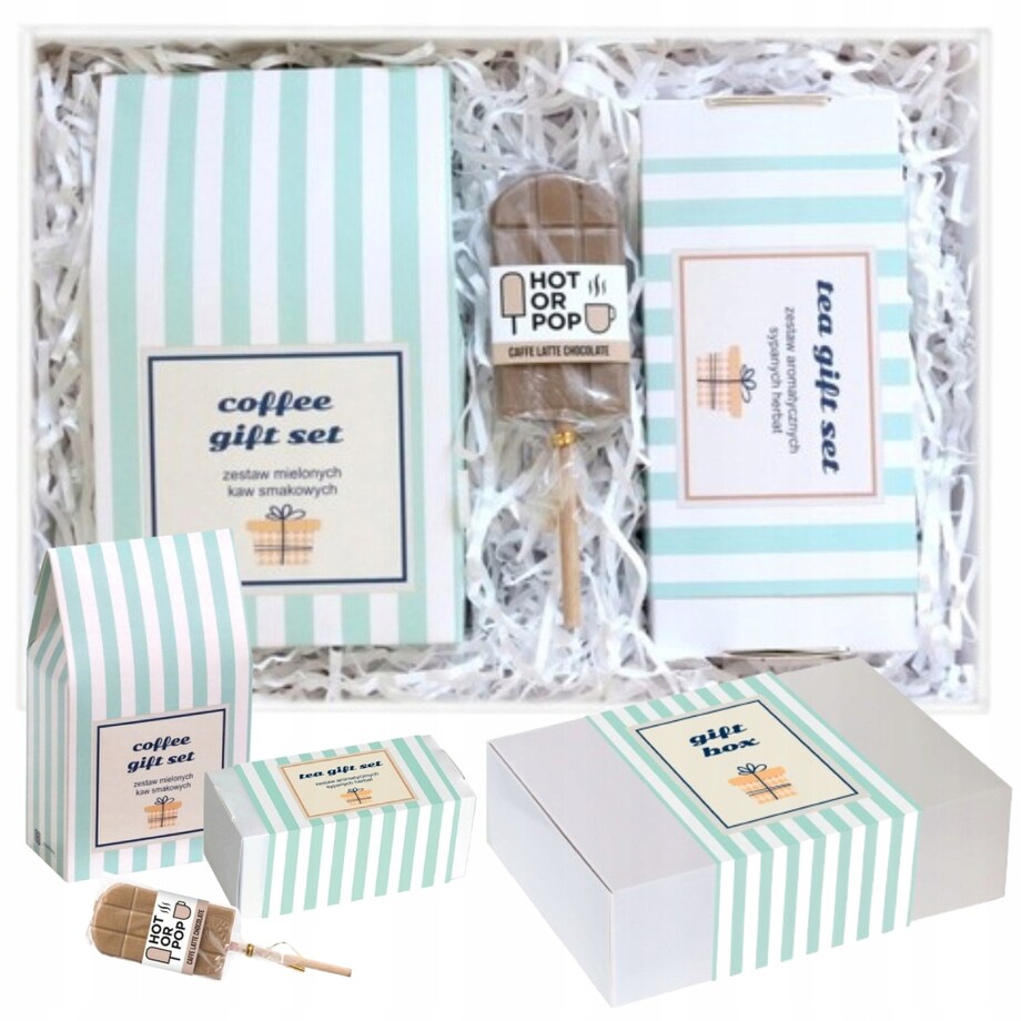 Gotowy uniwersalny prezent dla kobiety i faceta "GIFTBOX" - zestaw kaw smakowych i herbat sypanych lizak czekoladowy - box prezentowy upominkowy na urodziny podziękowanie