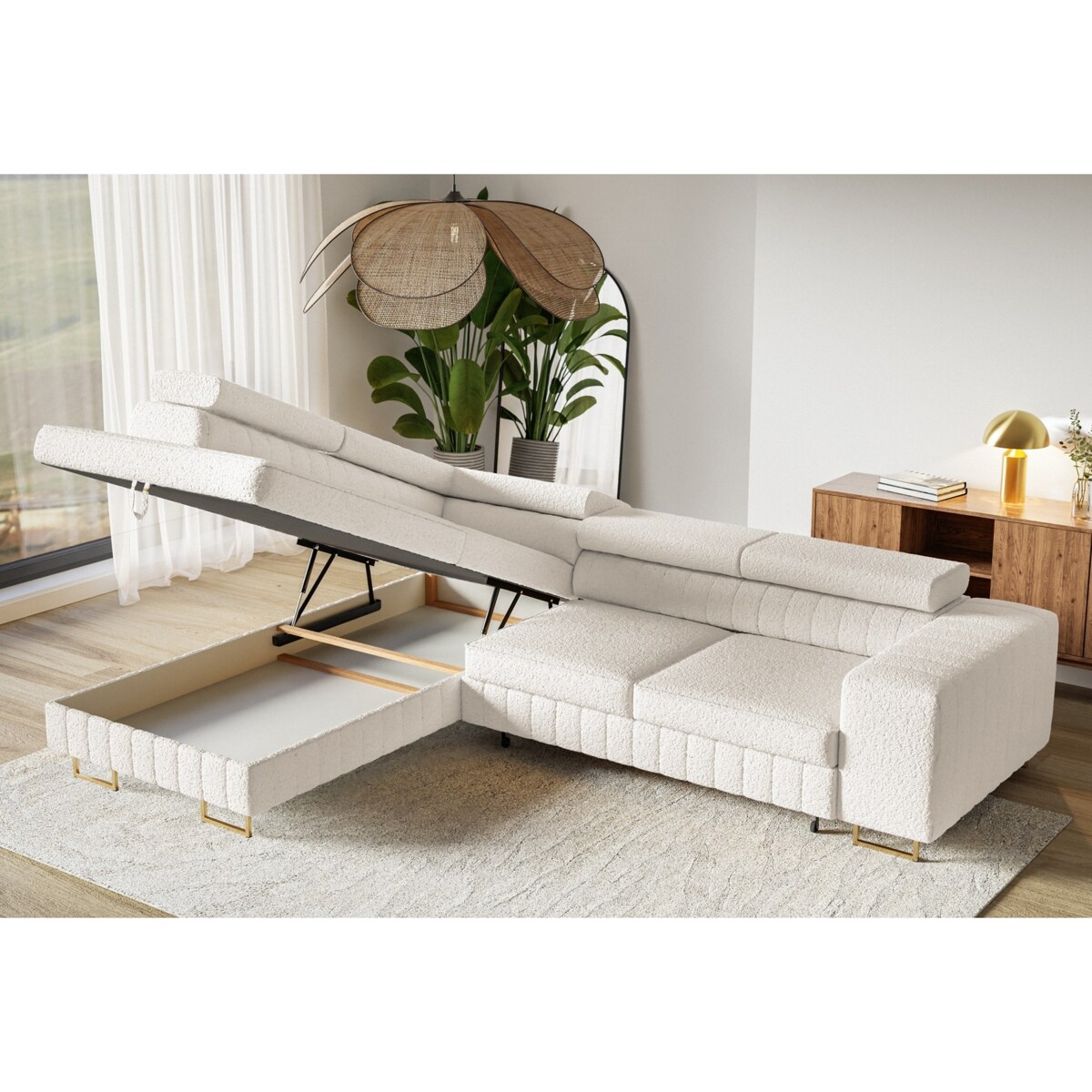 Narożnik NOLA do salonu, na złotych nogach-lewostronny-Catch Me 01- mleczny