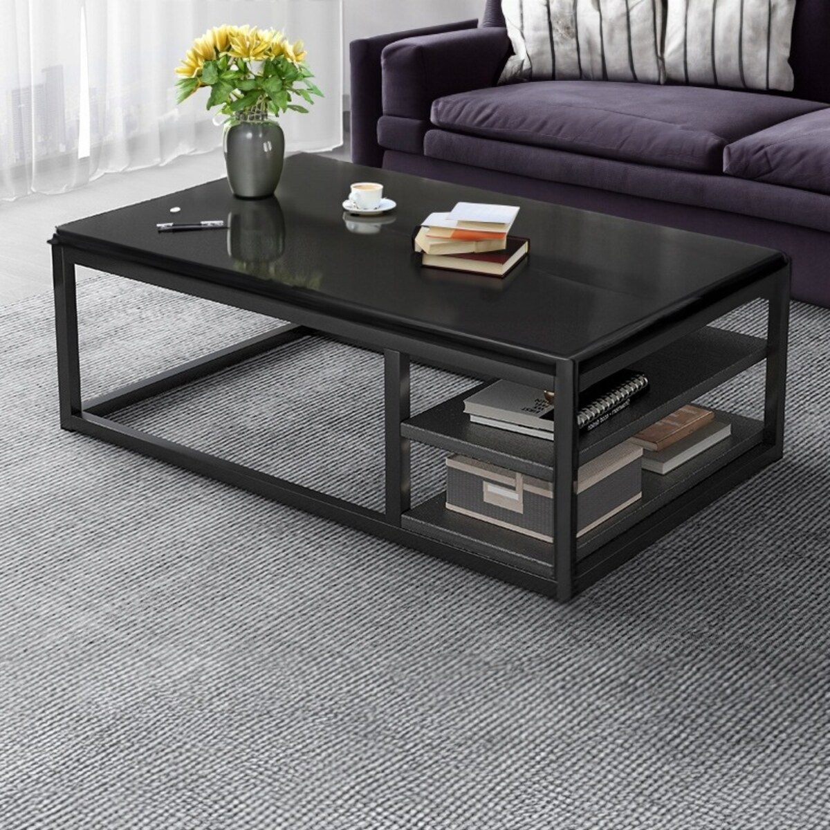 Stolik kawowy nowoczesny ława z półkami pokój salon duży 120 cm loft czarny