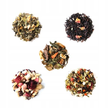 DROBNY ZESTAW PREZENTOWY UPOMINKOWY NA DZIEŃ MATKI URODZINY DLA MAMY TEŚCIOWEJ - MIX 5 RÓŻNYCH HERBAT SYPANYCH LIŚCIASTYCH