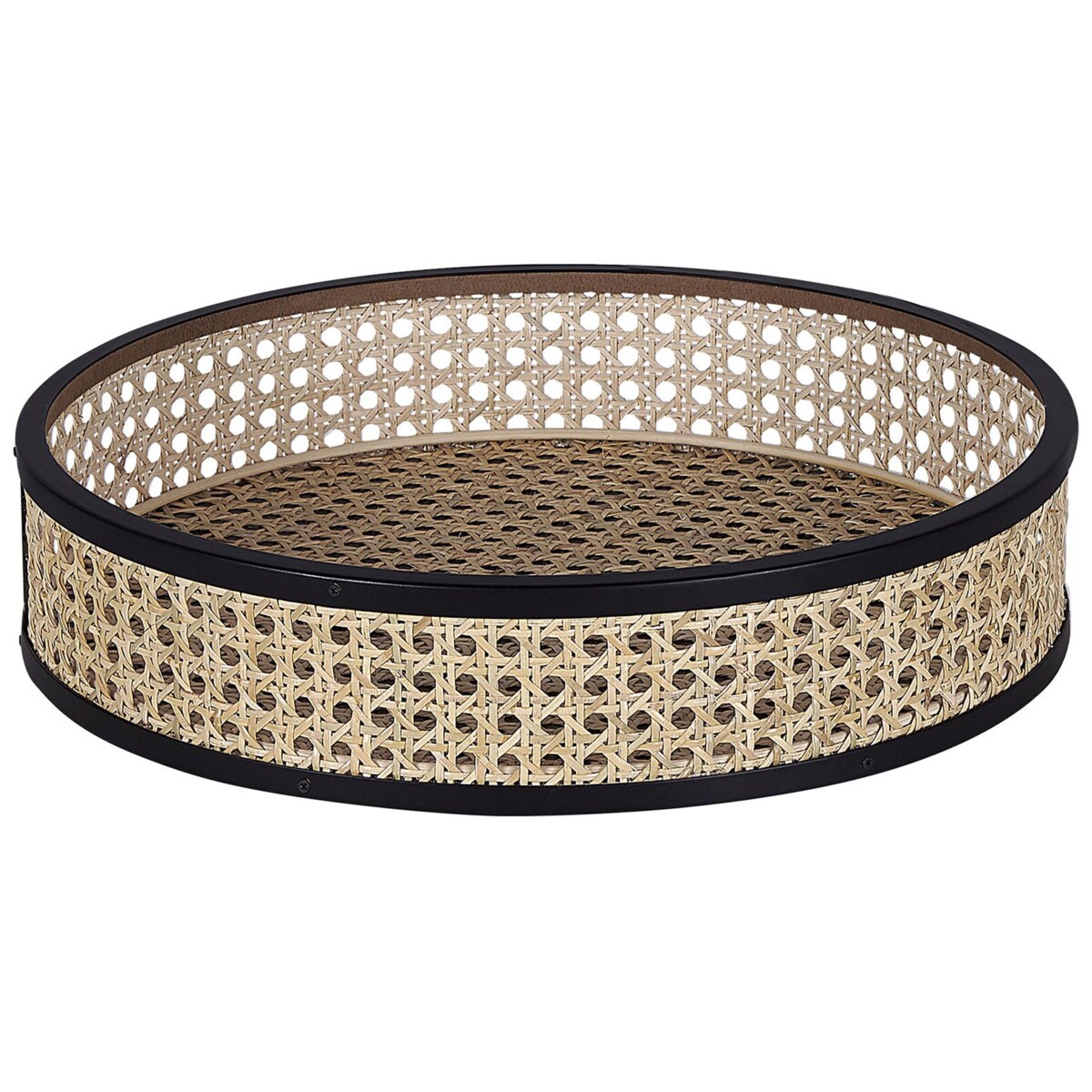 Stolik pomocniczy z tacą czarny z jasnym rattanem VIENNA