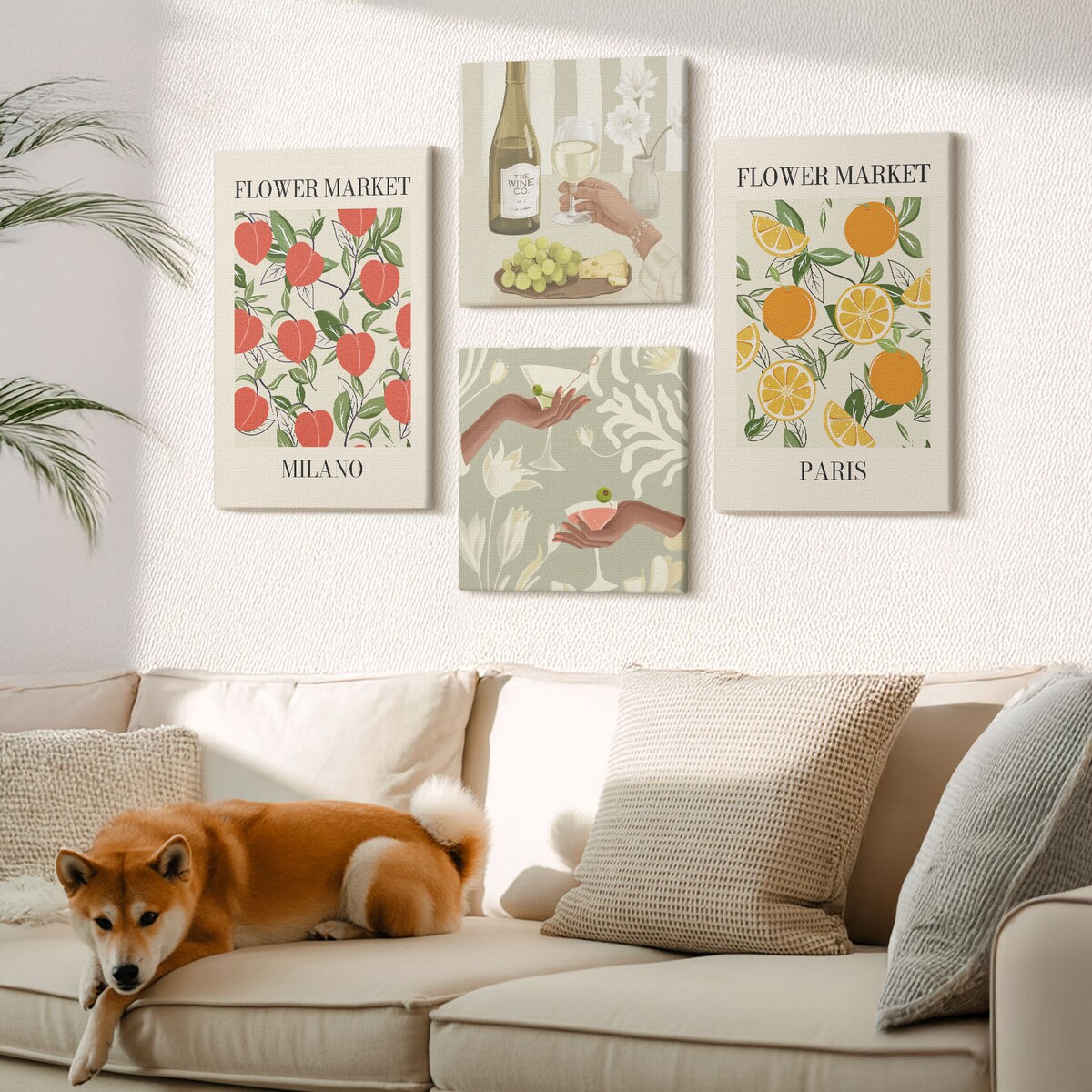 Zestaw 4 obrazów na płótnie - Kwiaty wino Mediolan Paryż - beżowy