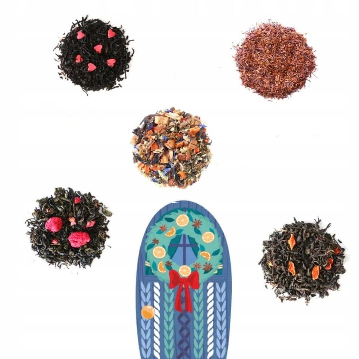 ŚWIĄTECZNY ZESTAW PREZENTOWY "HERBACIANY DOMEK" 5 SMAKÓW HERBAT SYPANYCH - PREZENT UPOMINEK NA MIKOŁAJA ŚWIĘTA GWIAZDKĘ BOŻE NARODZENIE POD CHOINKĘ DLA KOBIETY FACETA