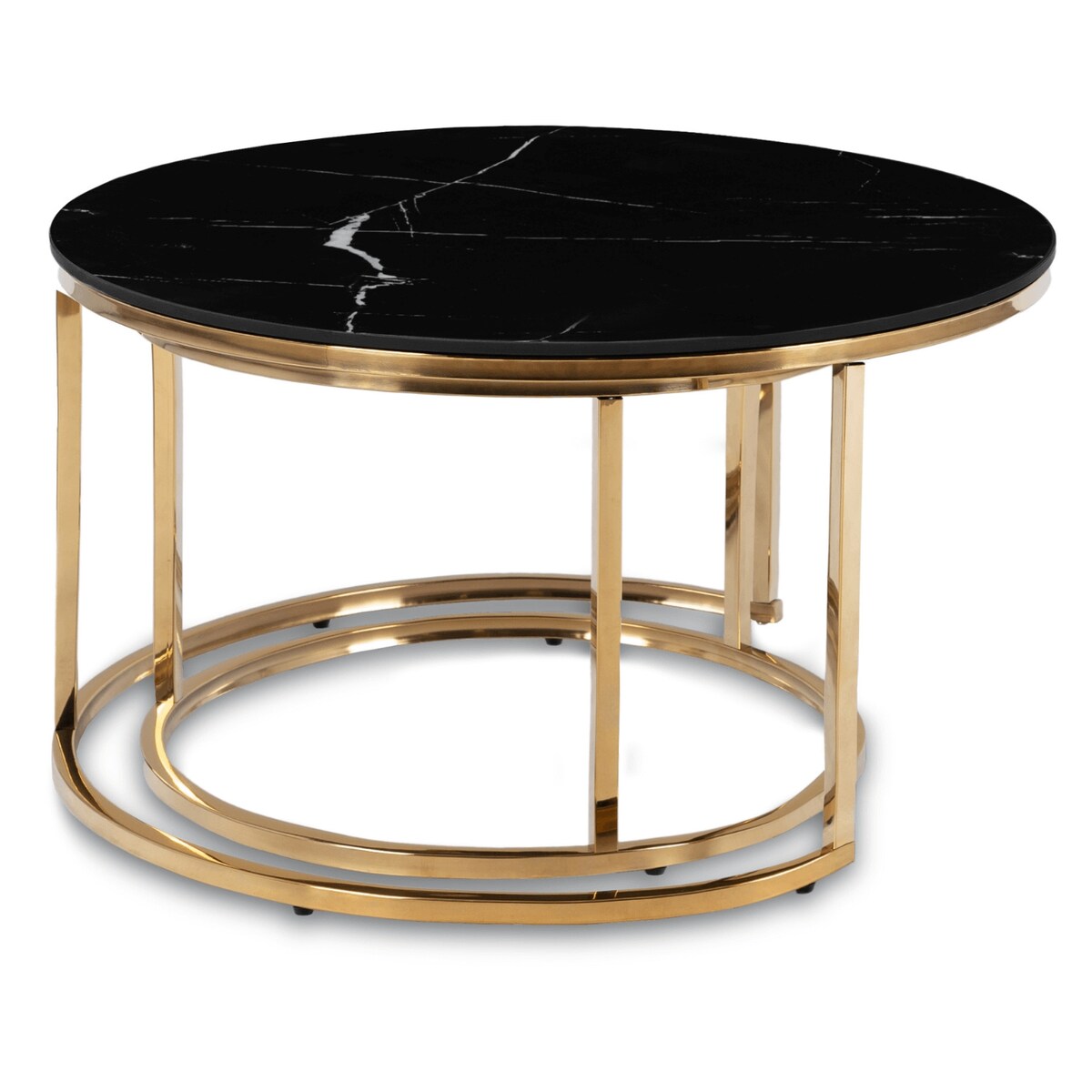 Stolik Kawowy Okrągły Zestaw 2w1 Ława Glamour Marmur Czarny Złoty MILANO