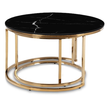 Stolik Kawowy Okrągły Zestaw 2w1 Ława Glamour Marmur Czarny Złoty MILANO