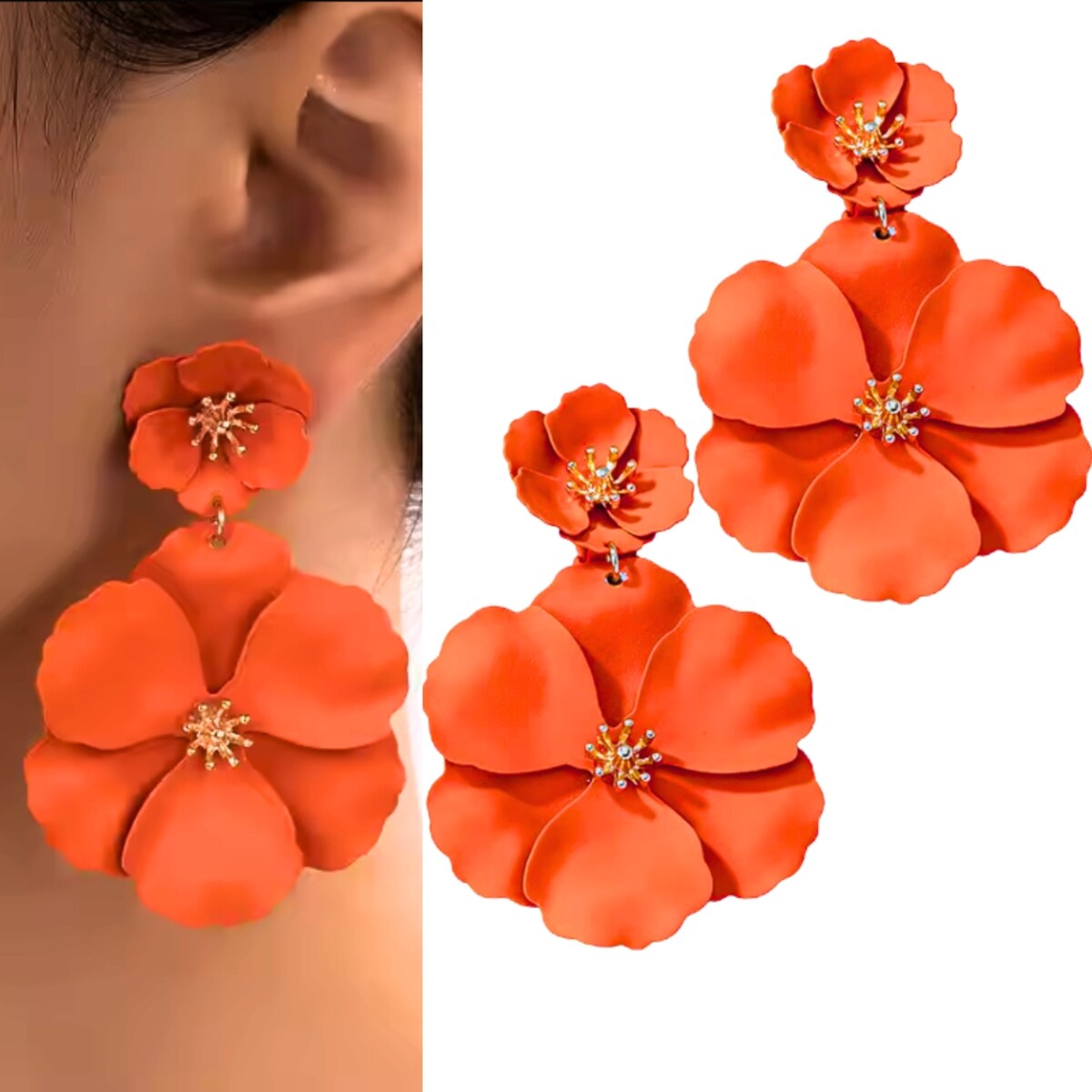 NEONOWY pomarańcz żywe kolczyki złote kwiaty podkreślają opaleniznę WESELE