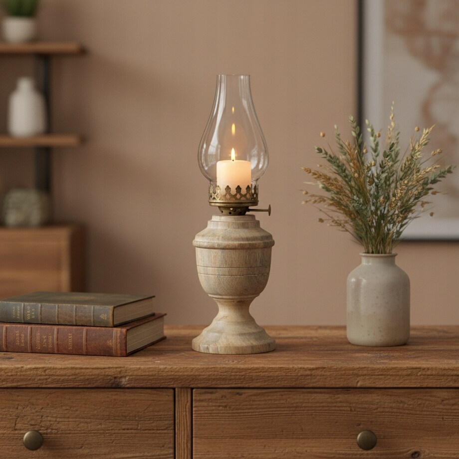 ŚWIECZNIK TEALIGHT LAMPA NAFTOWA DREWNIANY DEKORACJA OZDOBA DO DOMU 30cm