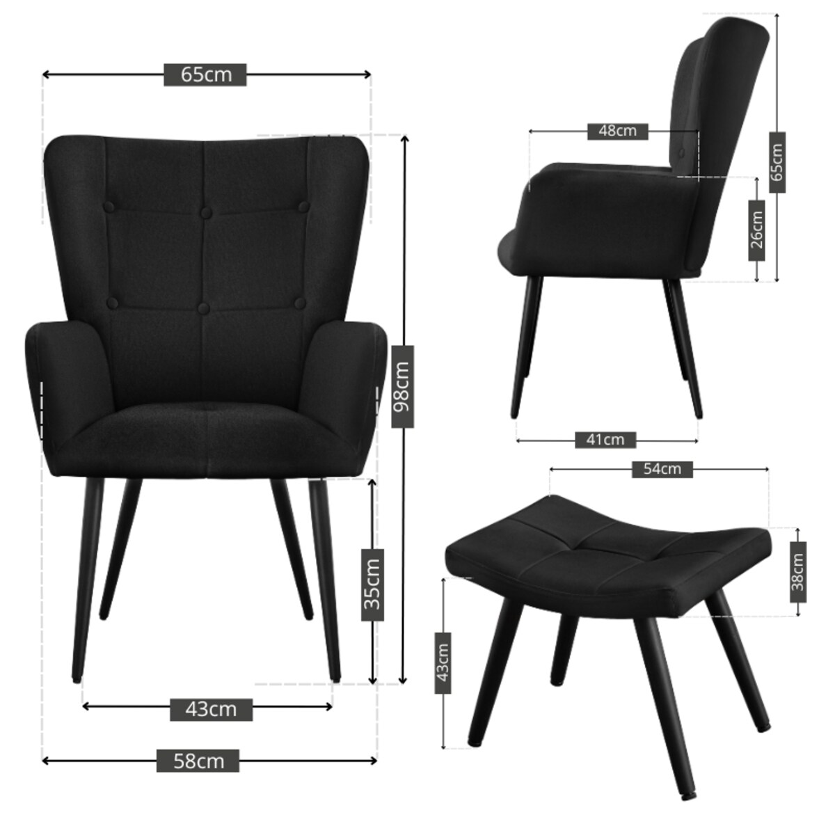 Fotel uszak z podnóżkiem do salonu wypoczynkowy welurowy tapicerowany czarny