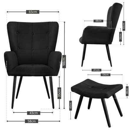 Fotel uszak z podnóżkiem do salonu wypoczynkowy welurowy tapicerowany czarny