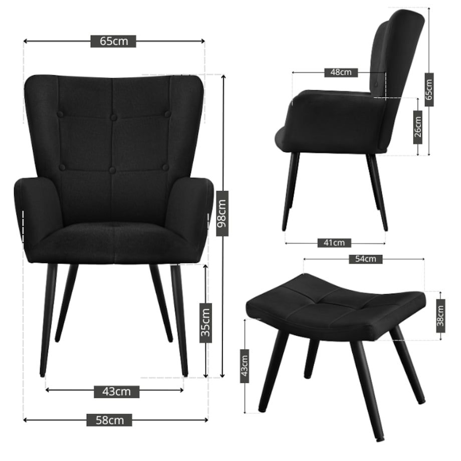 Fotel uszak z podnóżkiem do salonu wypoczynkowy welurowy tapicerowany czarny