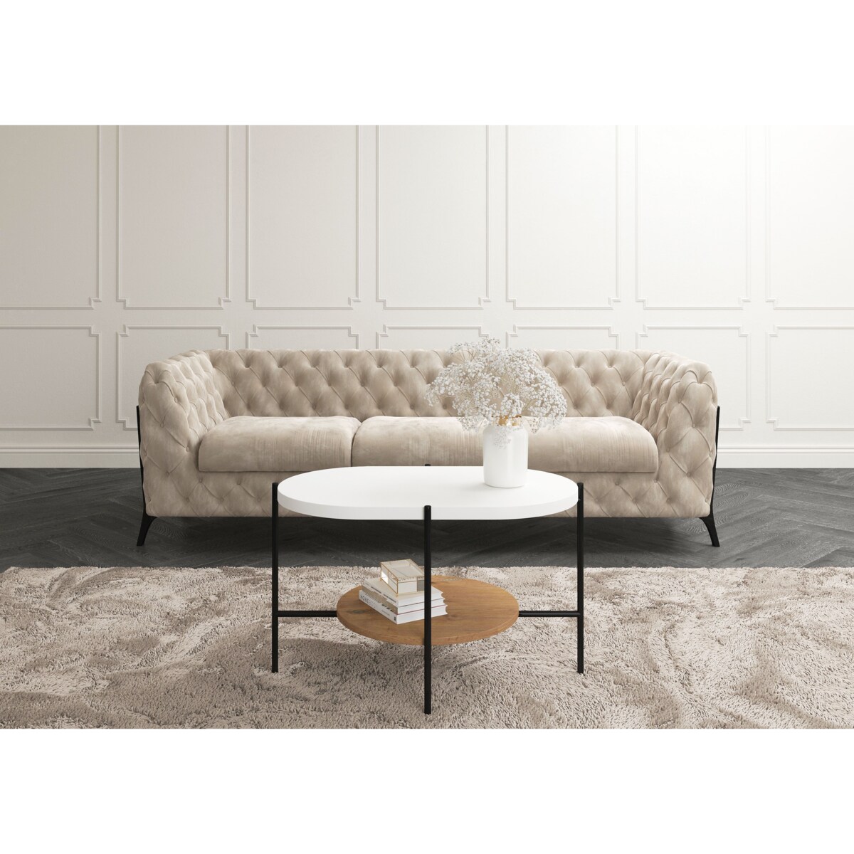 Nowoczesny stolik kawowy Dancan ARENA / czarna podstawa + biały i dębowy blat