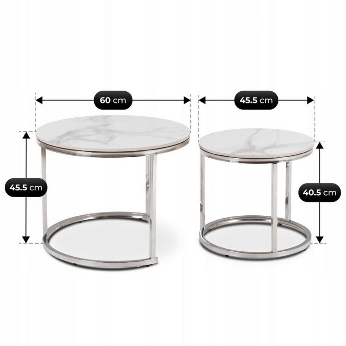 Stolik Kawowy Okrągły Zestaw 2w1 Ława Glamour Marmur Biały Srebrny AMARA