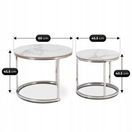 Stolik Kawowy Okrągły Zestaw 2w1 Ława Glamour Marmur Biały Srebrny AMARA
